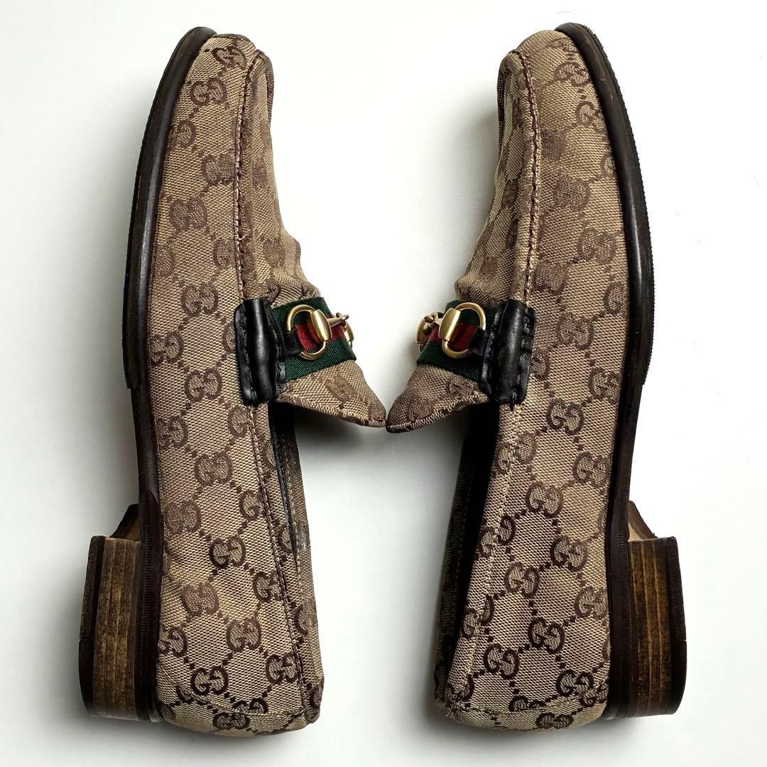 GUCCI 1100249/8 GG Canvas Leather Bit Loafers Beige EU42.5 US9 Men From Japan thumbnail 6