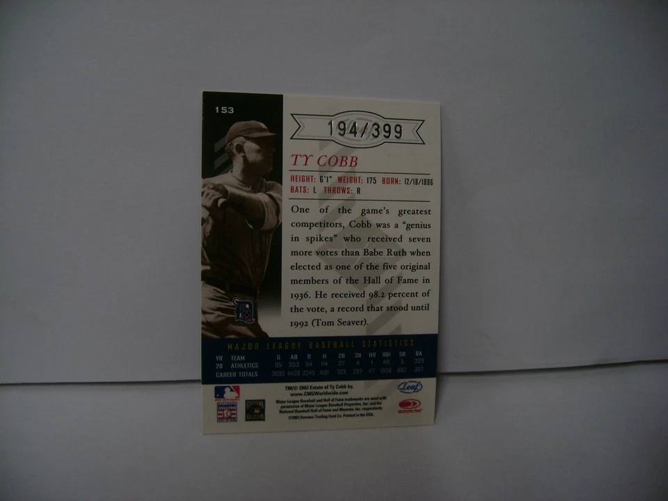 TY COBB 2003 LEAF LIMITED #153 SN 194/399 - Image 2 of 2