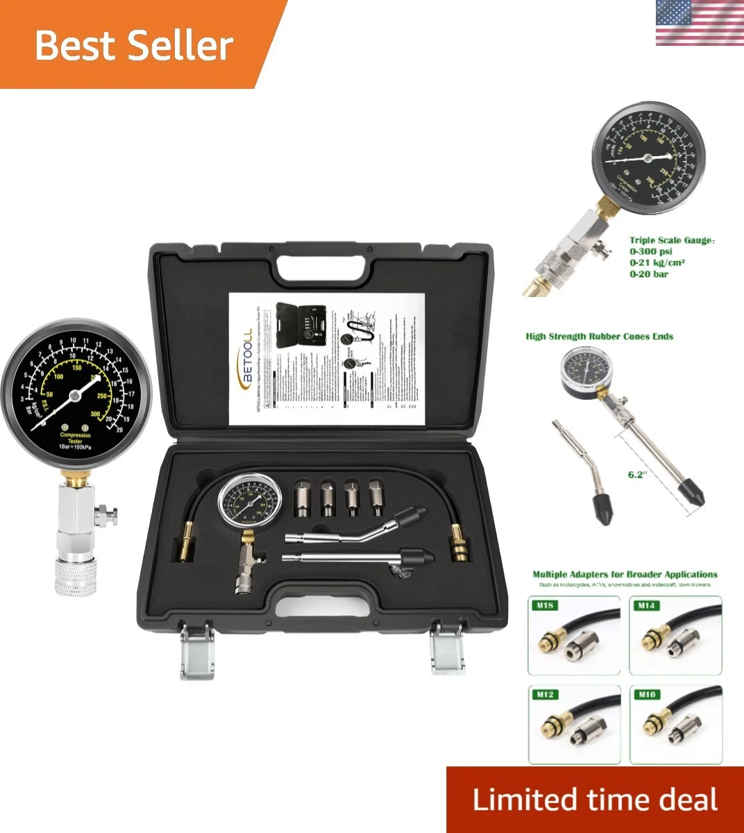 Professional 8-Piece Engine Compression Testing Kit with Triple Range Gauge