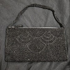 Vintage Black Hand Beaded Black Evening Bag Purse Zippered Clutch Mid-century