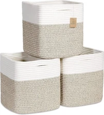 NaturalCozy Storage Cubes 11 Inch Cotton Rope Woven Off White & Mixed Brown 