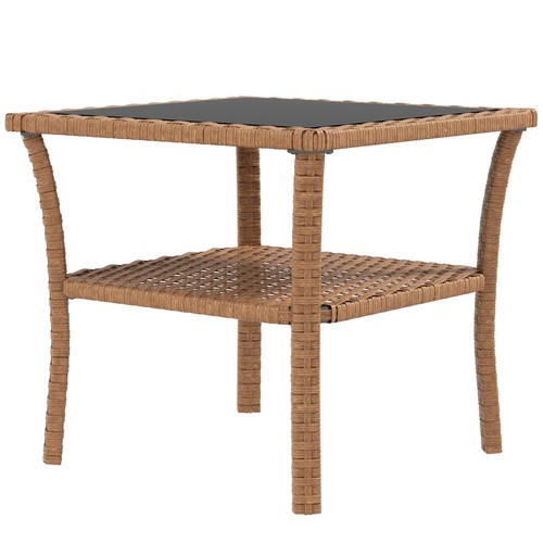 Outsunny Patio Wicker Side Table, Coffee Table with Two-tier Design, Sand