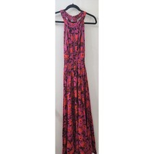 Floral Halter Maxi Dress Pink Orange Smocked Waist Open Back Crochet Trim