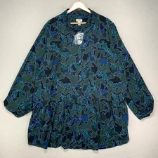 LOGO By Lori Goldstein Blouse Womens 3X Green Blue Floral Button Front Flowy