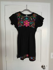 Mexican Embroidered Dress L Black Floral Colorful Boho Festival Cottage Peasant