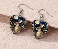 Cute Rabbit Glass Dome Heart Drop Earrings Moon Night Design Jewellery Gift