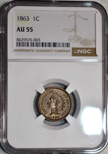 NGC AU-55 1863 Indian Head Cent, Razor-Sharp & Lightly Circulated.