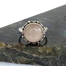 Sterling Silver 925 Round Rose Quartz Cabochon Band Ring Size 6