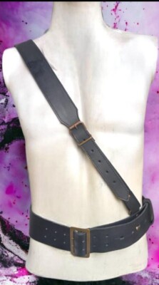 Echtes schwarzes genarbtes Rindsleder Sam Browne Cross Over und Taillengürtel Riemen