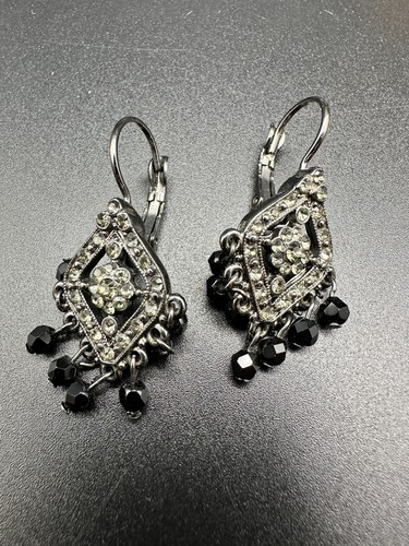 Joan Rivers Leverback Earrings Gunmetal Finish Crystals Black - Picture 5 of 13