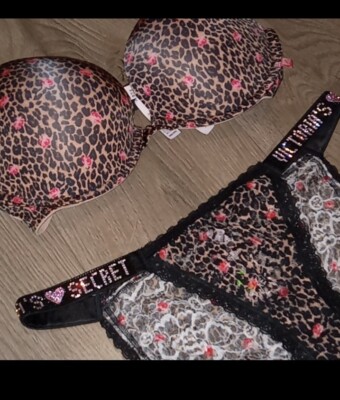 Victoria Secret-2pc SET/Leopard Print & Roses Push Up Bra-34D & Bling ...