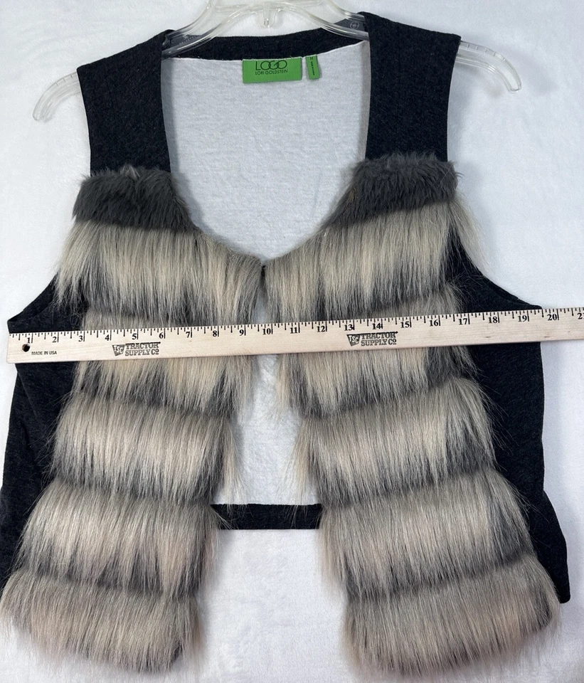 New LOGO By Lori Goldstein Medium Faux Fur Vest Gray Knit Back Womens - Image 3 of 4