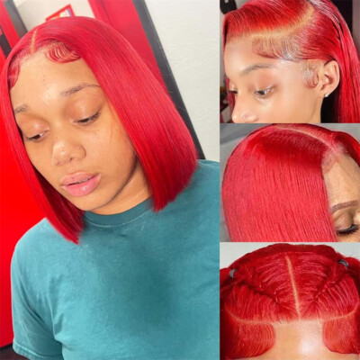  Bob Cut Red Wig Straight Synthetic Lace Front Wigs Cosplay Party Costume