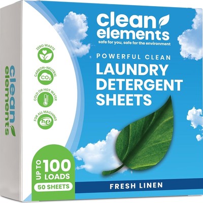 Clean Elements Laundry Detergent Sheets 50 Sheets 100 Loads Fresh Linen