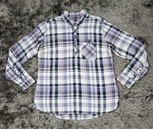 Kuhl Shirt Womens XL Gray Blue Plaid Tencel Roll Tab Sleeve Pocket Button Up