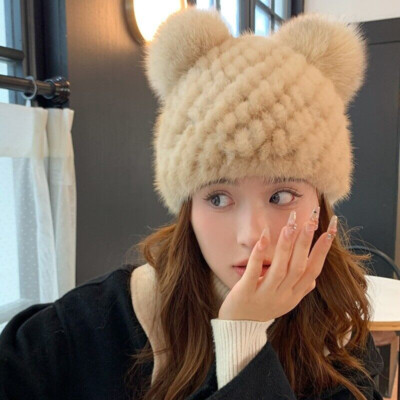 Genuine Mink Fur Knit Hat with Visor Warm Winter Ski Beanie Women main image 3