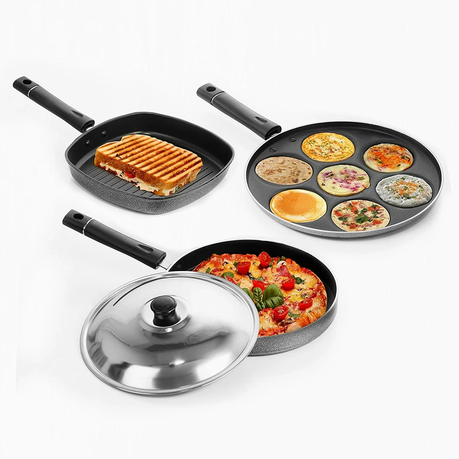 Aluminium Combo Set of 3 - Grill Pan Multi Snack Maker and Pizza Pan