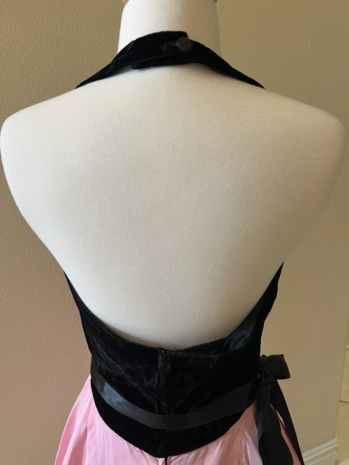 Roberta De Colección Años 80 50 Estilo Halter Vestido Mini Terciopelo Rosa Barbie Tafetán 11/12 Y Foto 3 de 4