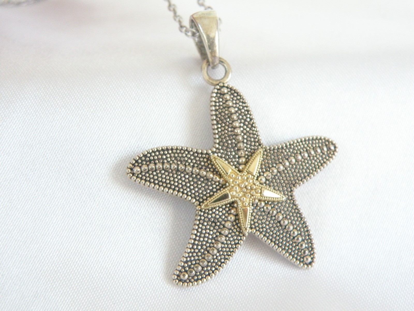 Vintage Sterling Silver 925 and Gold Beaded Unique Starfish Pendant Necklace