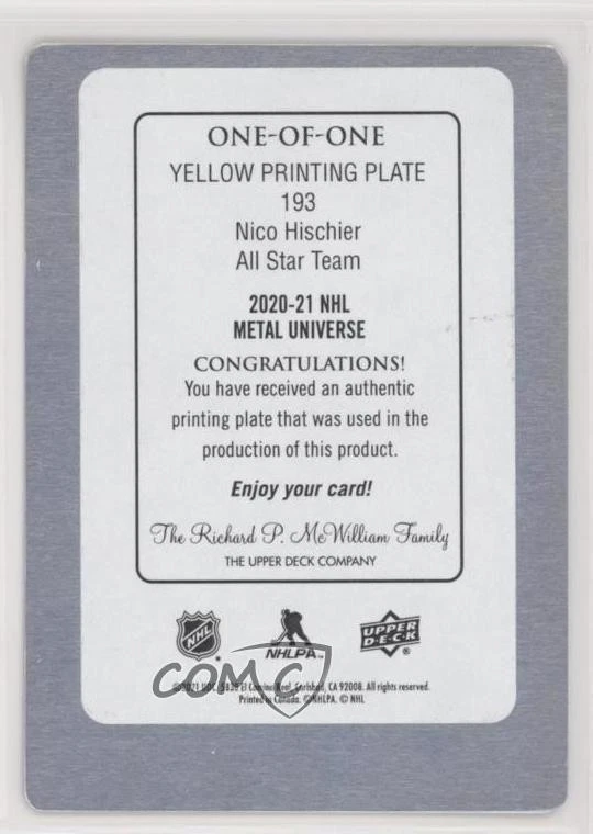 2020-21 Skybox Metal Universe All-Stars 1/1 Nico Hischier #193 0c3 - Image 2 of 3