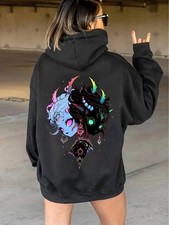 Women'S Black Anime-Inspired Graphic Hooded Sweatshirt w/Japanese Manga Print, K
