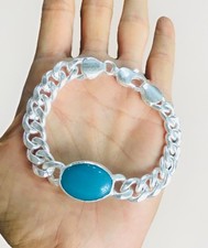 Heavy Salman Khan Bracelet 925 Silver Plated Thick Curb Link Firoza Stone 22.5cm