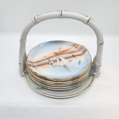 Hand Painted 8pc Coaster Set & Caddy, Lenwile China Ardalt, Occupied Japan