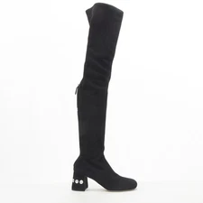 MIU MIU black suede jewelled crystal heel pull on over knee boot EU37