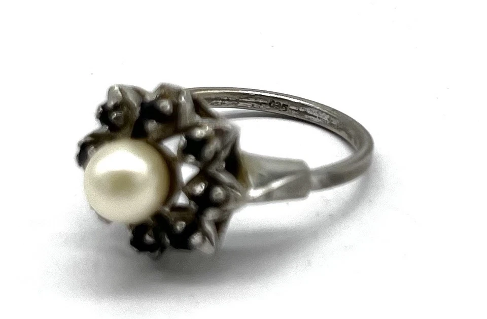 835/- Silber Ring, Perle, Saphire, rund, Gr. 56, Vintage - Bild 3 von 3