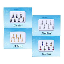 4 Packs with 28 Long Indian Bindis Face Gems Forehead Sticker Silver Golden Blac