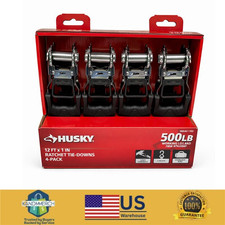 HUSKY RATCHET TIE-DOWN STRAPS 4-PACK 1 in. x 12 ft. Quick Release Hook 1500 lbs.