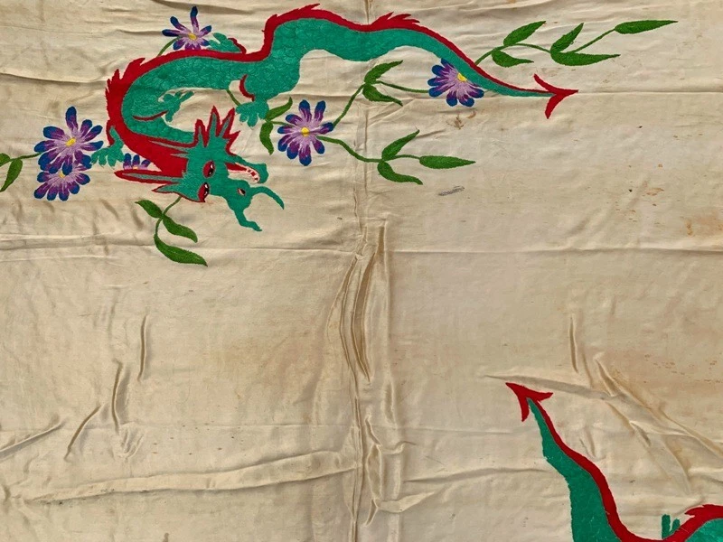 Tapiz antiguo chino bordado a mano panel dragón decoración seda colgante 3x6 pies Foto 2 de 4