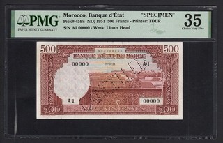 Marruecos 500 Francos ND; 1951 P45Bs "Especimen" Muy Fino