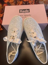 Keds Kate Spade Champion Glitter 🤍 Sneakers US 8.5, white Satin Ribbon NEW