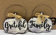 Metal Pumpkin Hanging Signs Pair Grateful Family Farmhouse Door Fall Decor Bows