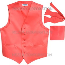 New Men's coral vest Tuxedo Waistcoat self tie bow tie hankie set formal wedding