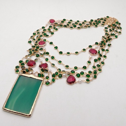 5 Strands 18'' White Pearl Green Crystal Chain Necklace Green Agate Pendant - Picture 2 of 7