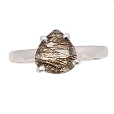 Natural Tourmalated Quartz / Black Rutile, Sri Lanka 925 Silver Ring s.7 CR73608