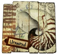 Beach Themed Seashell Art Ocean Wood Unique 16" Decorative Picture "Unwind" 