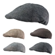 Men's Herringbone Wool Blend Tweed Duckbill Newsboy Ivy Cabbie Driving Golf Hat