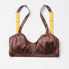 Anthropologie Bra S SUN RAY Silk Cocoa Brown Lace Yellow Straps Bralette NWT