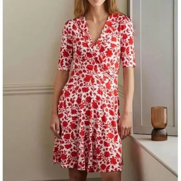 Boden Fixed Wrap Jersey Dress Floral Botanical Print Orange White - Size  12p | eBay