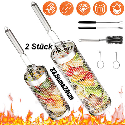 2 Stück Rolling Grilling Basket Zylindrischer Grillkorb Edelstahl Grillrolle