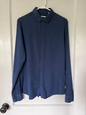 Only & Sons Shirt Men s Small Dark Blue Button Up Long Sleeve Slim 100% Cotton