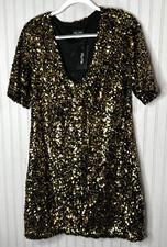 City Chic Womens DRESS 12 Black Gold Sequined Lined V-Neck Stretch NEW
