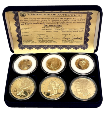 NATIONAL COLLECTOR'S MINT 24K GOLD PLATED 6 coin TRIBUTE PROOF