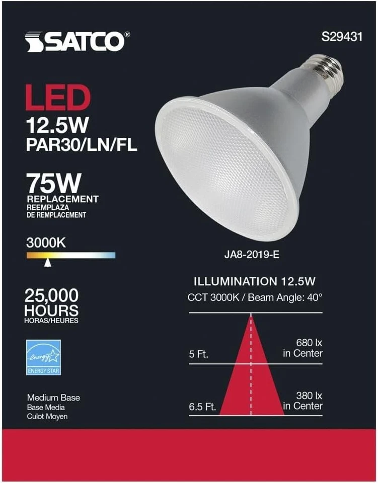 Satco S29431 - 12.5 Watt PAR30LN LED Light Bulbs - 3000K - 6 Pack - Image 2 of 4