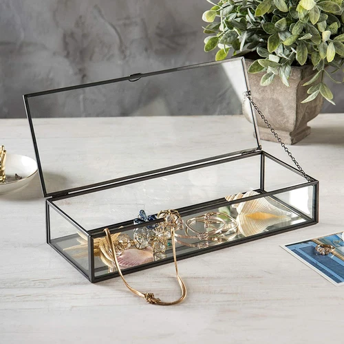 Vintage Black Metal & Clear Glass Jewelry Display Shadow Box w/ Hinged Top Lid