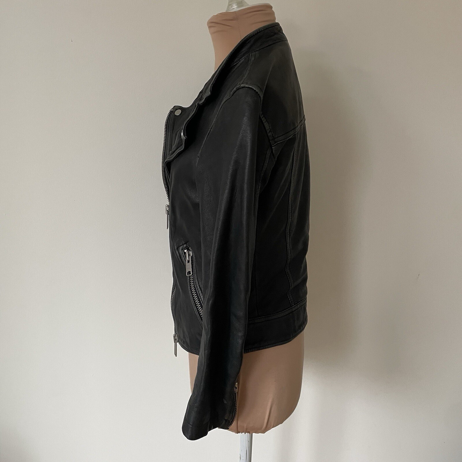 Allsaints Mast Distressed Leather Black Gray Biker Motorcycle Moto Jacket EUC 2 image 3