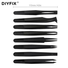 8pcs Portable Black Anti-static Plastic Tweezers Heat Resistant Repair Tool